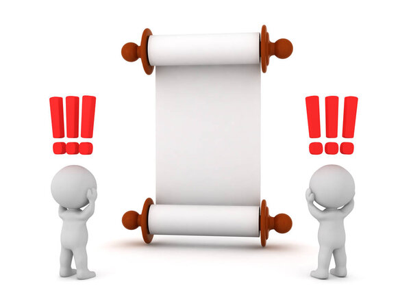 Upset 3D Characters Looking at a Law Scroll