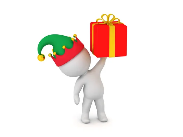 3D Character in Elf Hat Holding Up a Small Red Gift — Stock Photo, Image