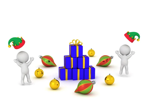 Personajes 3D felices con regalos y globos de Navidad —  Fotos de Stock