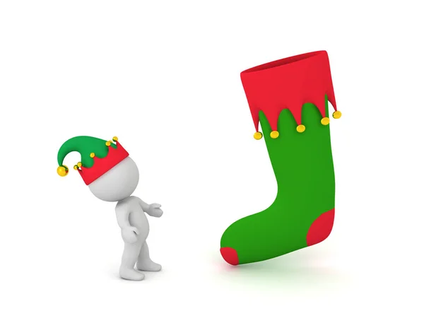 3D personaggio in elfo cappello guardando in alto a grande calza di Natale — Foto Stock