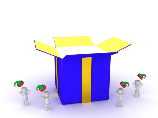 Personagens 3D pequenos felizes com uma caixa de presente — Fotografia de Stock
