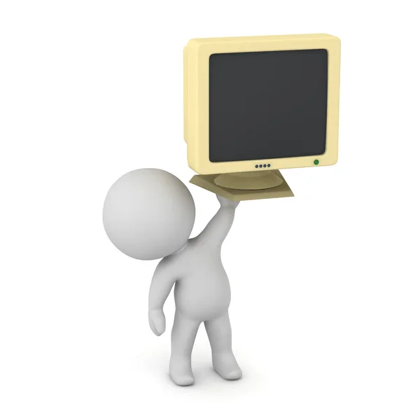 3D Character Holding Up an Old Computer Monitor — Stock Photo, Image