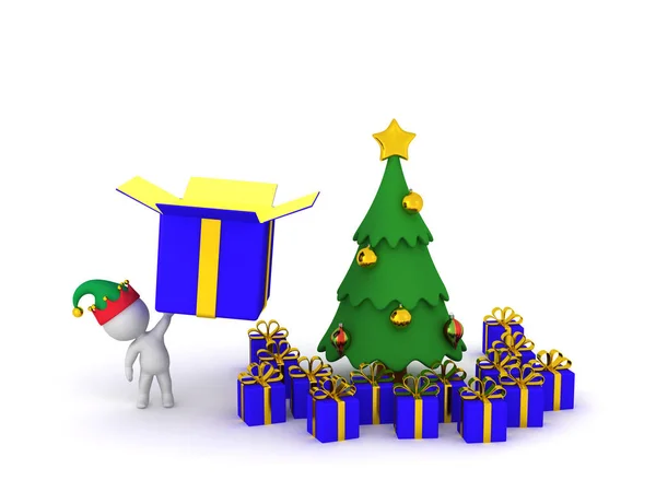 3D-Charakter mit Weihnachtsbaum und Geschenken — Stockfoto