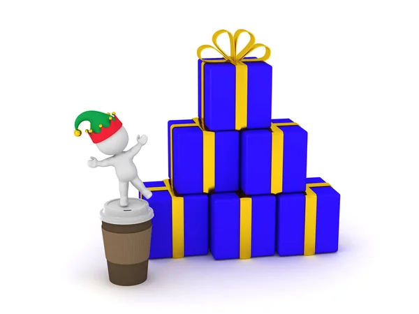 3D znaków Elf z kawy i prezenty — Zdjęcie stockowe
