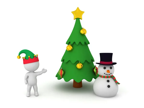 3D-Charakter mit Weihnachtsbaum und Schneemann — Stockfoto