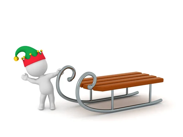 3D Character in Elf Hat Waving from behind Sled — Stock Photo, Image