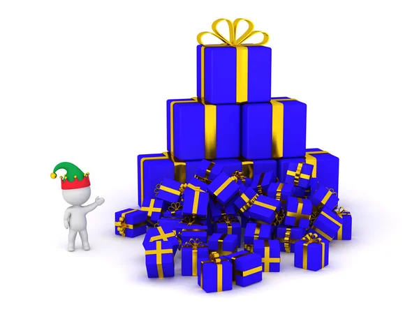 3D Character in Elf Hat Showing a Pile of Gifts — Stock Photo, Image
