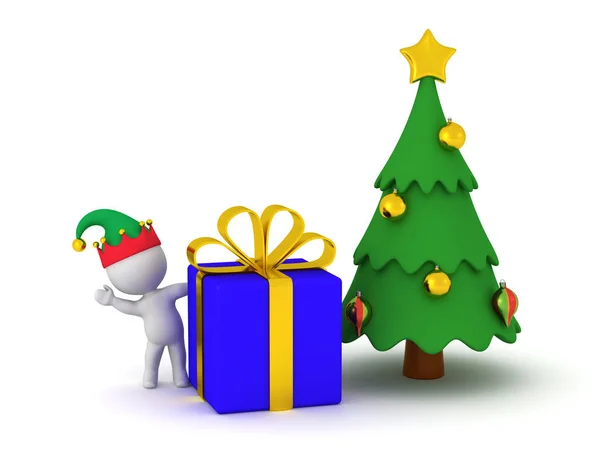 3D χαρακτήρα στο Elf καπέλο με χριστουγεννιάτικο δέντρο και δώρο — Φωτογραφία Αρχείου