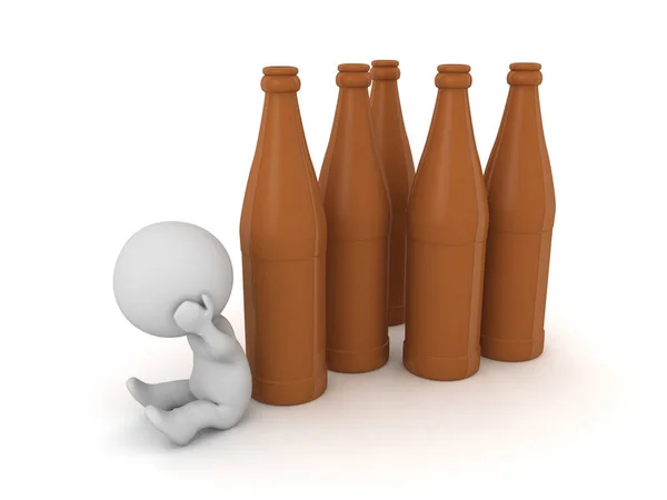 Upset 3D Character with Several Brown Bottles — Stock Photo, Image
