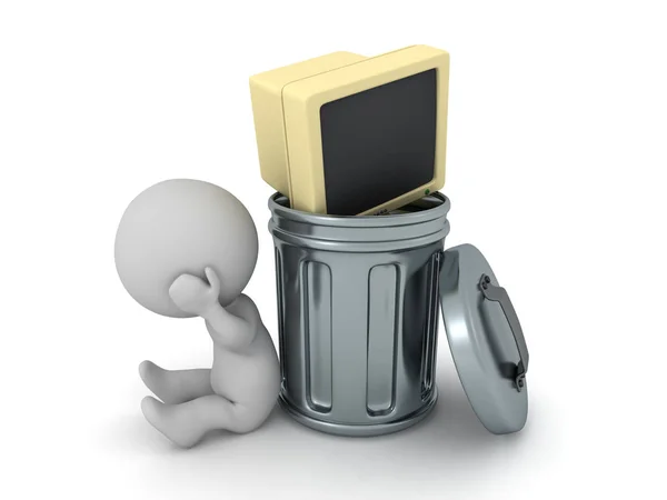 Upset 3D Character with Old Computer in Trash Can — Stock Photo, Image