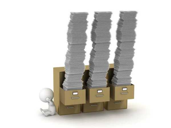 Carácter 3D estresado con gabinetes llenos de papeles — Foto de Stock