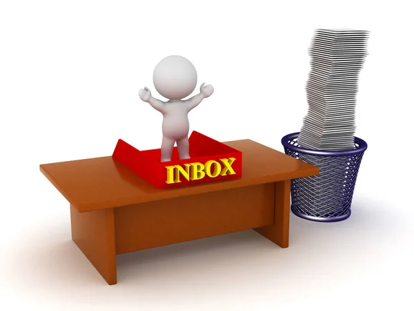 Happy 3D Character with Empty Inbox and Papers in the Trash — Stock Photo, Image