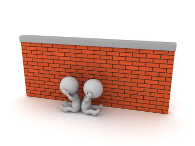 Bir tuğla duvar yanındaki aşağı oturan iki üzgün 3d karakterler