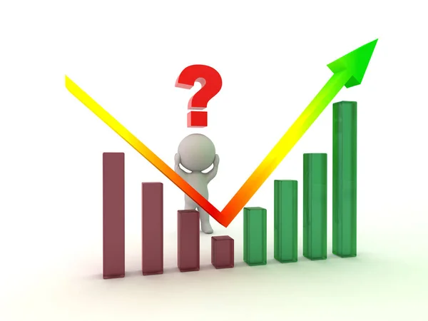 3D Character with Question Symbol and Chart Showing Decline then — Stock Photo, Image