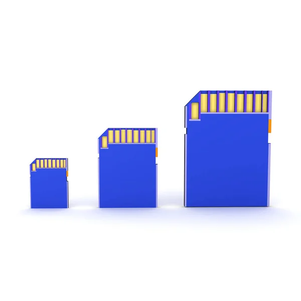 Representación 3D de tres tarjetas SD diferentes — Foto de Stock