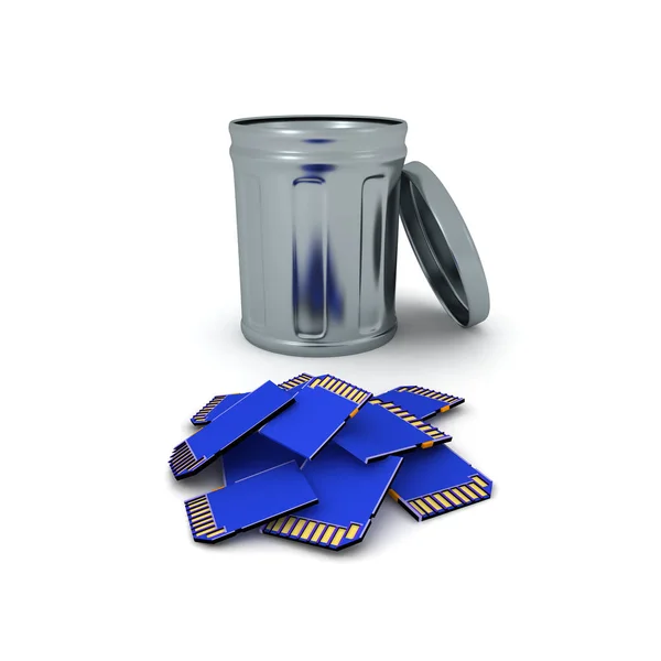 3D Rendering of SD Cards next to trash can — Stock Photo, Image