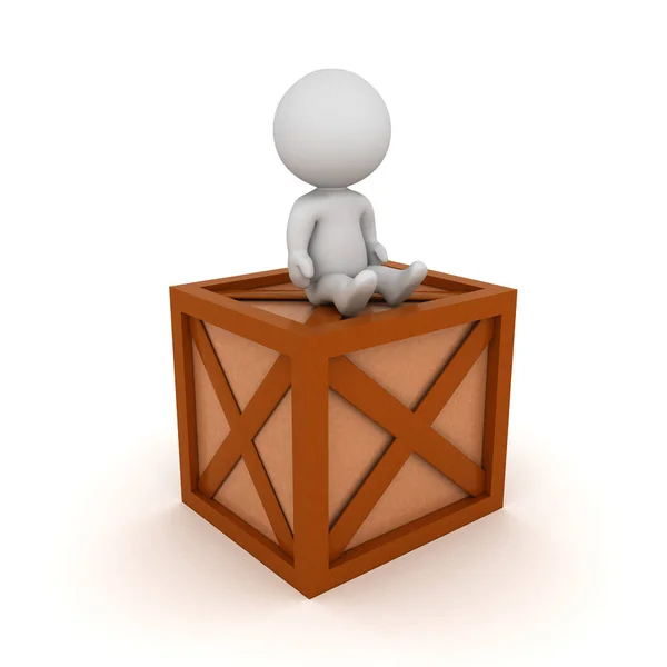 Personaje 3D sentado en una caja de madera — Foto de Stock