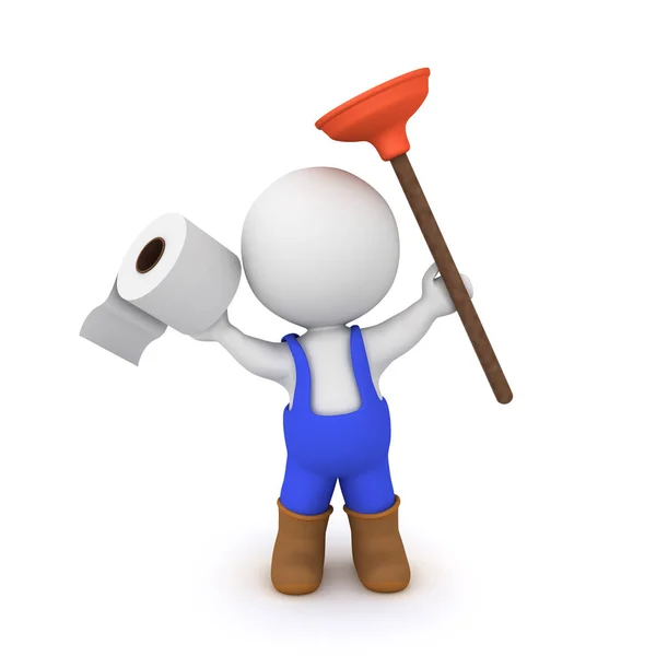 3D Rendering of plumber with plunger and toilet paper — Stock Photo, Image