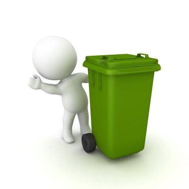 3D karakter tekerlekli bin arkasından sallayarak