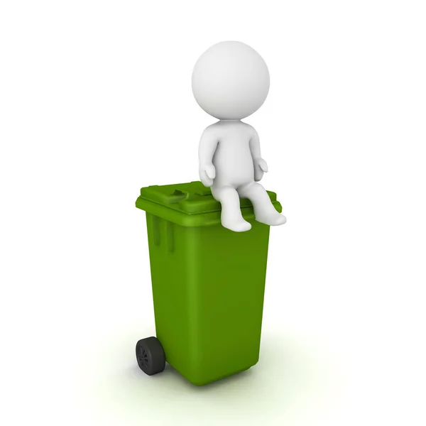 3D персонаж, сидящий на крыше мусорного ведра — стоковое фото