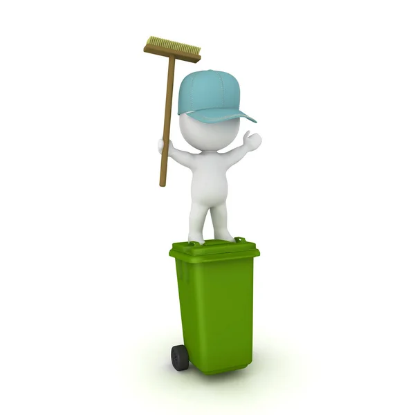 3D Уборщик стоит на верхней части мусорного ведра с поднятыми руками — стоковое фото