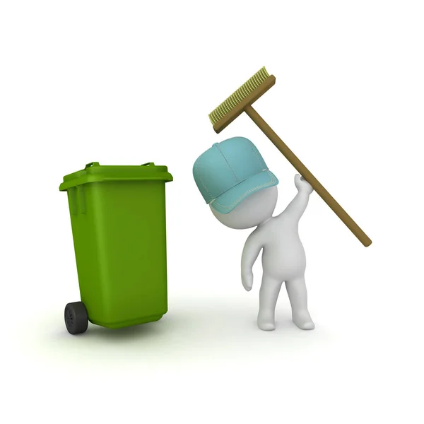 Уборщик 3D поднимает метлу рядом с мусорным баком — стоковое фото