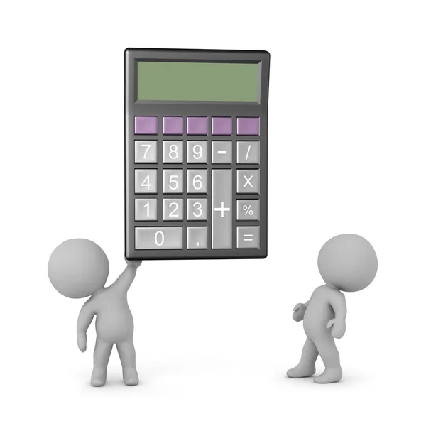 3D Character Holding Up a Desk Calculator — Stock Photo, Image