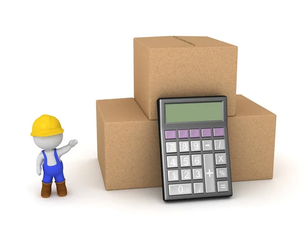 3D Character with Cardboard Boxes and Calculator — Stock Photo, Image