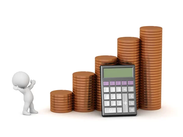 Personagem 3D feliz com calculadora e pilhas de moedas — Fotografia de Stock
