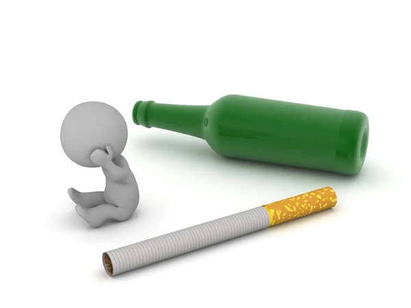 Stressed 3D Character with Cigarette and Beer Bottle — Stock Photo, Image