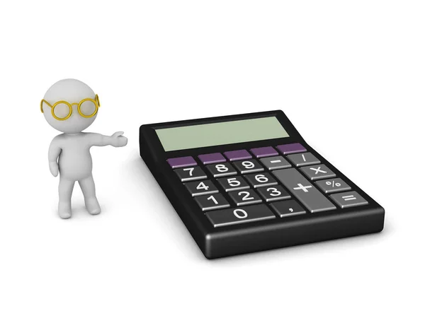 Personaje 3D con gafas Mostrando Calculadora de Escritorio —  Fotos de Stock