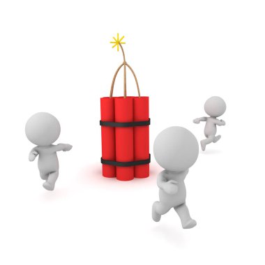 3D karakterler tutuşmuş dinamit paketi uzakta çalışan