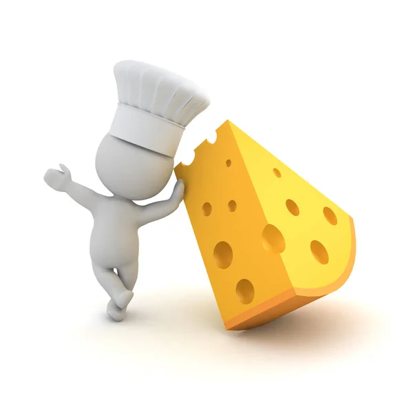 Chef 3D apoyado en un pedazo de queso — Foto de Stock