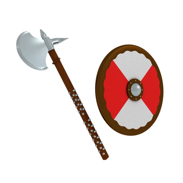 Representación 3D de hacha y escudo — Foto de Stock