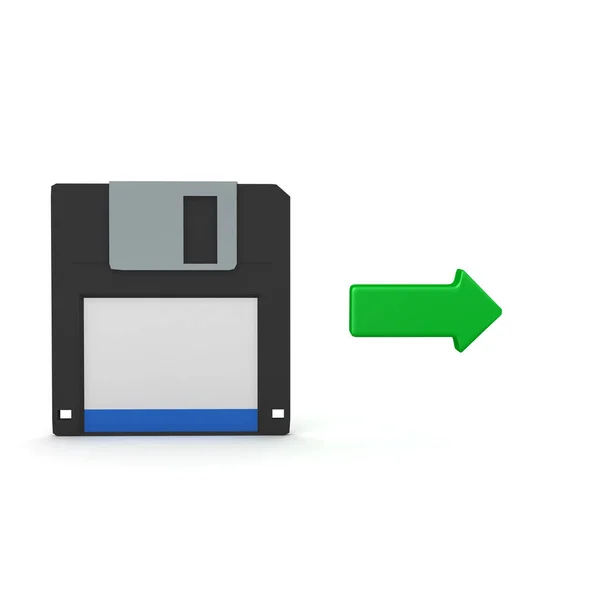 Representación 3D de disquete con flecha verde a la derecha — Foto de Stock