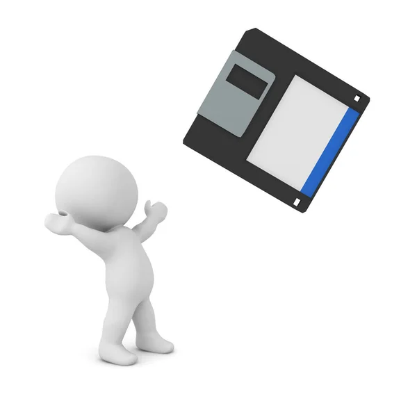 3D Character looking in awe at floppy disk — Stock Photo, Image