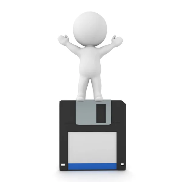 Carattere 3D in piedi sopra il disco floppy — Foto Stock