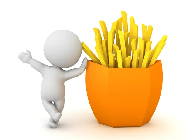 3D Character leaning on french fries — Stock Photo, Image