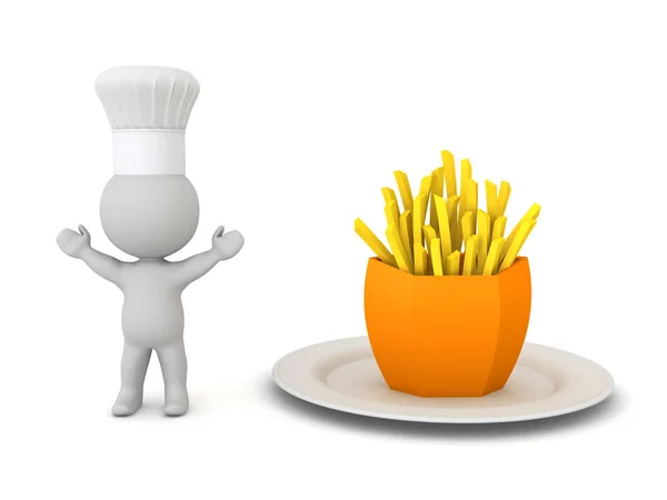 3D Happy chef met frietjes — Stockfoto