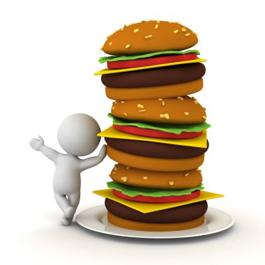 3d Karakter hamburger yığını üzerine eğilerek
