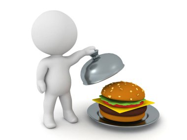 3d Karakter paslanmaz çelik cloche hamburger sunan