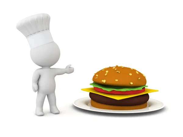 3D шеф-повар показывает тарелку с гамбургером — стоковое фото