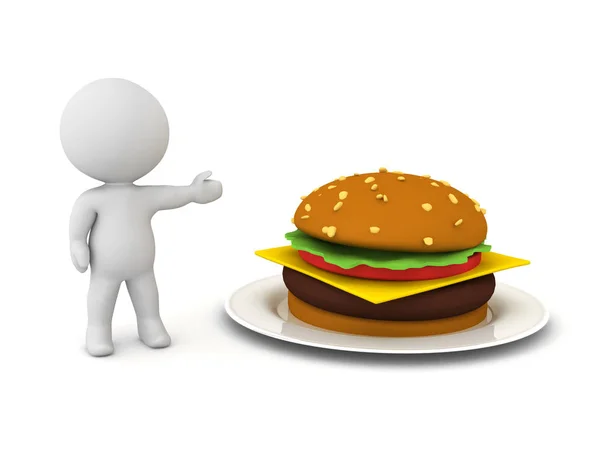 3D-personage dat een hamburger op een bord toont — Stockfoto