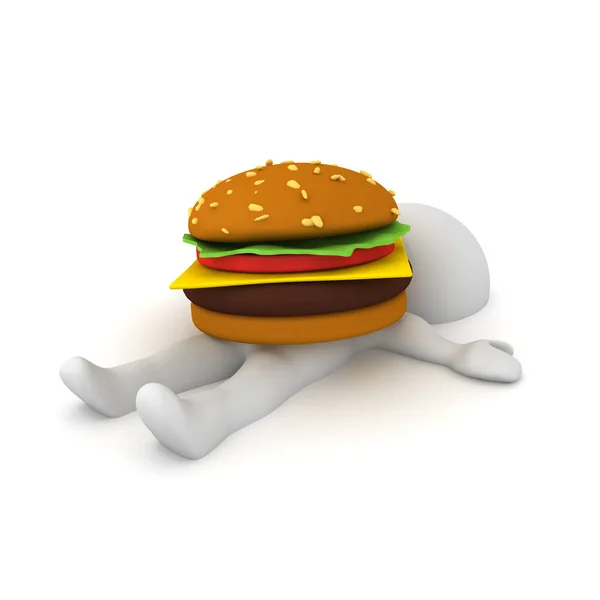 Personaje 3D acostado con hamburguesa encima de él — Foto de Stock