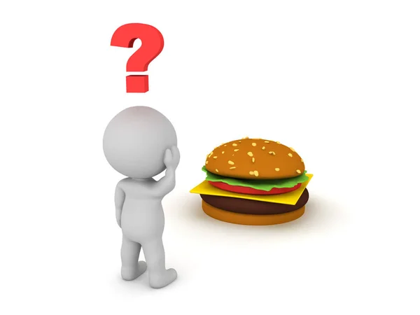 3d Karakter o burger yemek istiyorsa emin değil — Stok fotoğraf