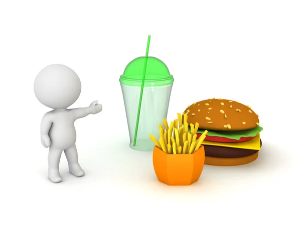 Personagem 3D mostrando hambúrguer, batatas fritas e refrigerante — Fotografia de Stock