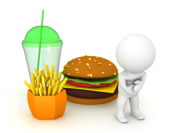 Personagem 3D se sente doente de junk food — Fotografia de Stock