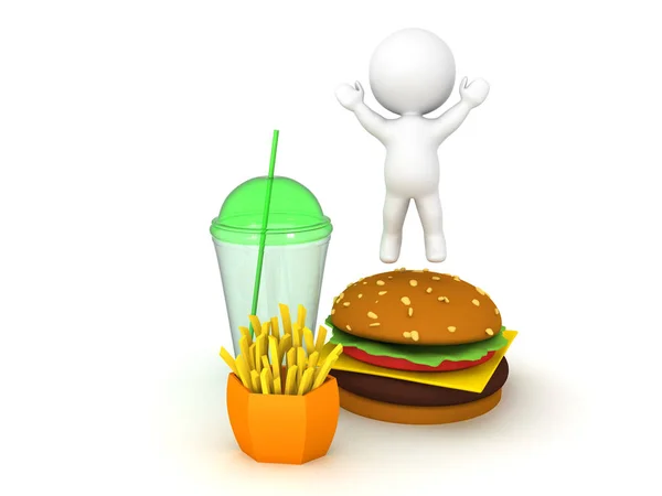 3D-Charakter ist froh, dass er Fast Food hat — Stockfoto