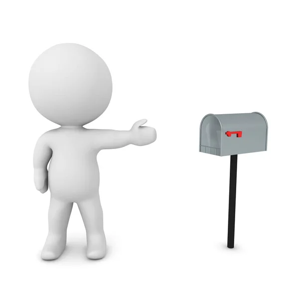 Personagem 3D mostrando caixa de correio ao ar livre retro — Fotografia de Stock