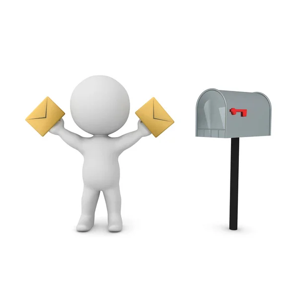 3D-символ тримає конверти в руках поруч з поштовою скринькою — стокове фото